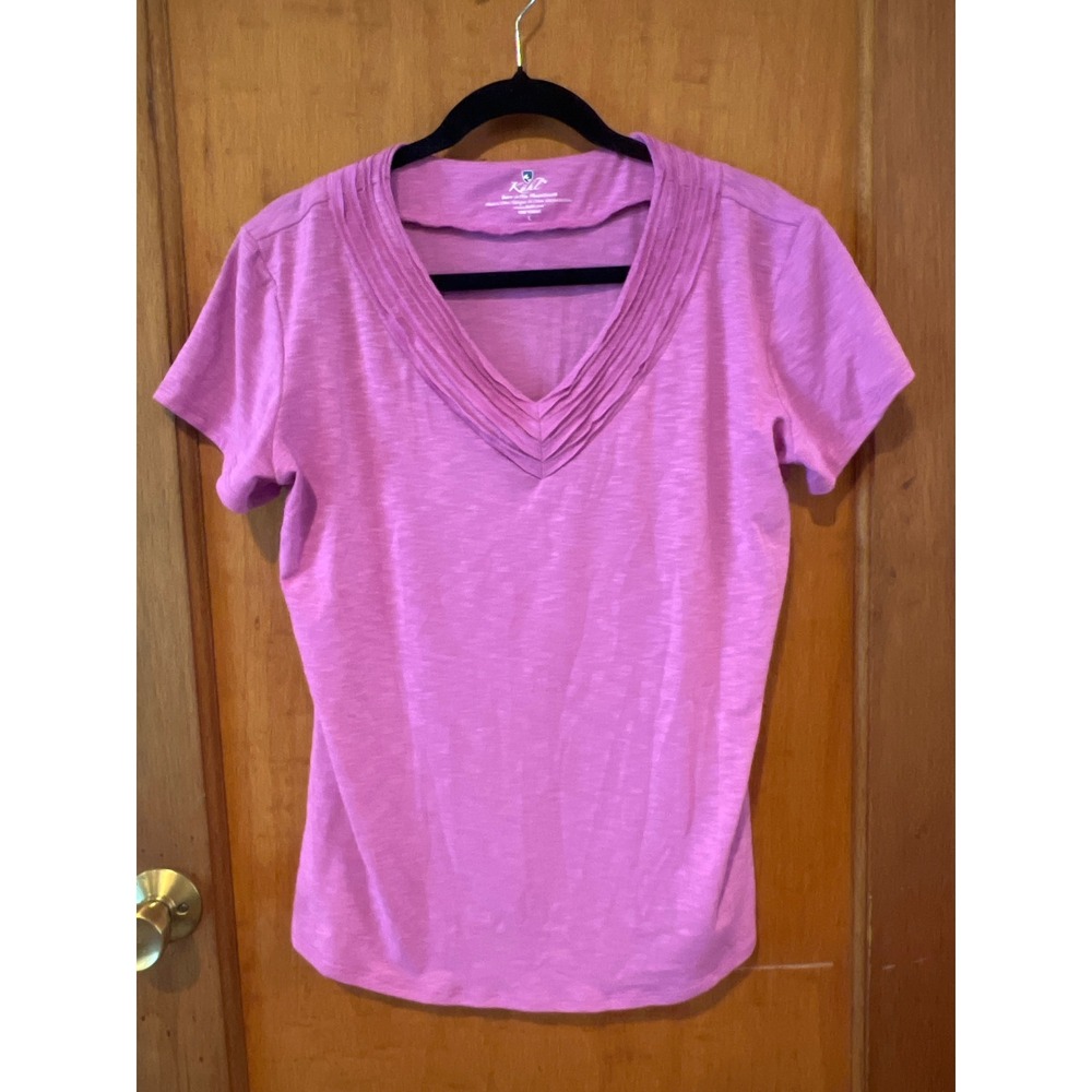 Kuhl pink purple magenta V-neck tee Sora‎ ruffle trim Large short sleeve
